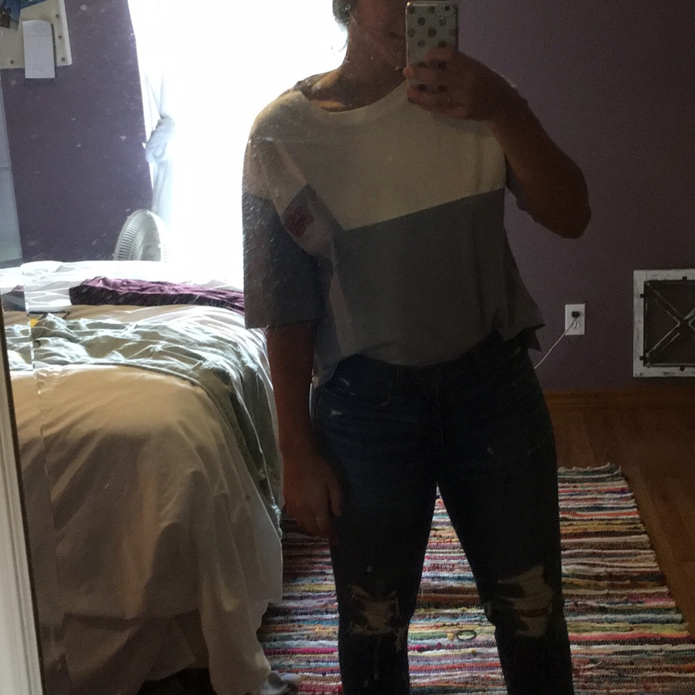 Off white and blue over sized tee. Size medium